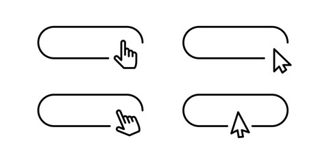 Press the cursor set button with a mouse click. Click here web button icon. Isolated website buy or register panel icon with hand finger arrow clicking cursor. stock vector
