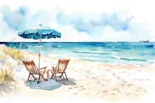 Watercolor Painting Draw Of A Beach Scene With Chairs Sea And Sand Generative AI Illustration