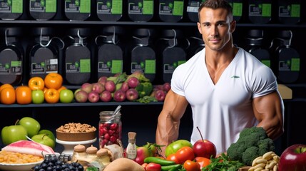 Muscular man in a healthy food environment with fruits and vegetables Generative AI Illustration