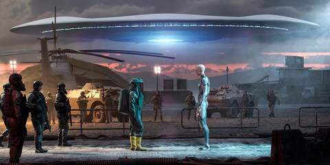 Wall Mural - extraterrestrial and humans contact in a military base with a big flying saucer in the unfocused bac