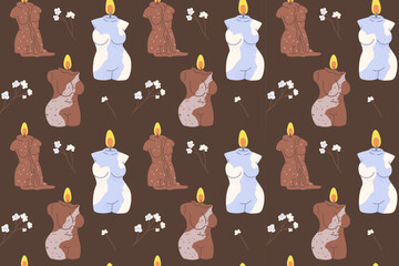 Dark seamless pattern with candles in the form of a female naked body.