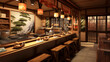 日本料理店。典型的な小さな伝統的な日本スタイルのレストランのカウンター部分GenerativeAI