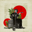 © master1305 - Young man in stylish clothes playing guitar, making musical performance. Singer and musician. Contemporary art collage. Concept of music, festival, inspiration, art, fun, party, event