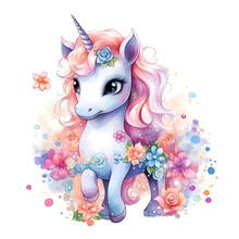 Cute Colorful Magic Unicorn With Flowers In Watercolor Style. Generative AI