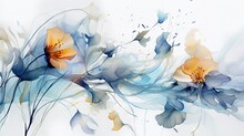  A Painting Of Blue And Yellow Flowers On A White Background.  Generative Ai