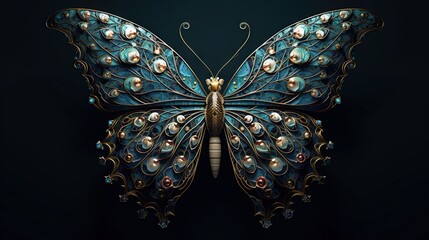 Wall Mural -  a blue and gold butterfly with pearls on its wings and wings.  generative ai