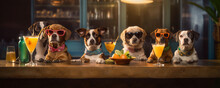 Crazy Dogs Wearing Sunglasses Having Fun At A Counter With Cocktails (AI Generated)