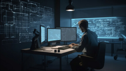 rogrammer or  developer  and coding, programming and building a flowchart.IT engineer or project manager  planning, researching and working at workspace. Generative ai.