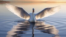  A Swan Flaps Its Wings While Swimming In A Lake At Sunset.  Generative Ai
