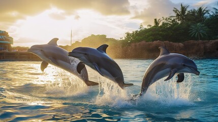  three dolphins jumping out of the water in a zoo setting.  generative ai