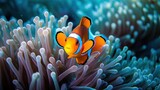  an orange clown fish swimming in a sea anemone.  generative ai