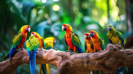 Poster -  a group of colorful parrots sitting on a tree branch.  generative ai