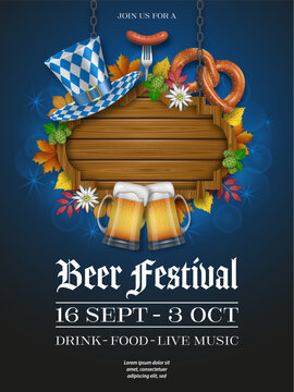 Oktoberfest poster with wooden signboard, hat, pretzel and beer mugs. Beer festival flyer