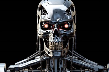 Fototapete - Cyborg endoskeleton portrait on black background Generative AI