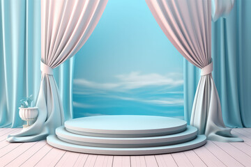 Product podium scene in pastel light colors, in a nautical antique Greek style. Blue sky, tourmaline sea, tulle curtains. Copy space. Generative AI 3d render illustration imitation.
