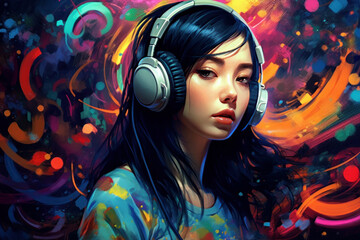 Portrait of a asian girl with headphones looking into the camera, drawing with multicolored paint strokes. Generative AI