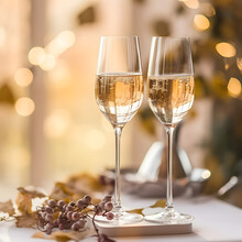 Two Glasses Of Champagne And Pink Sorbus Berries On Light Pink Wooden Board Over Blurred Background With Bokeh Lights. Romantic Illustration With Sparkling Wine. Wedding Concept. AI