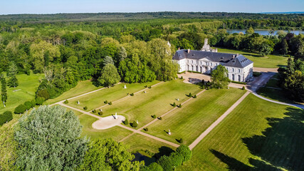 Aerial view of the gardens of the Renaissance castle of Jean Aubert in the domain of the Royal Abbey of Chaalis in the French department of Oise in Picardy, North of France