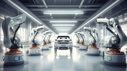 Wall Mural - Auto assembly line of cars in a factory. Generative AI