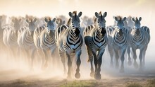  A Herd Of Zebras Running Across A Dusty Field In The Sun.  Generative Ai