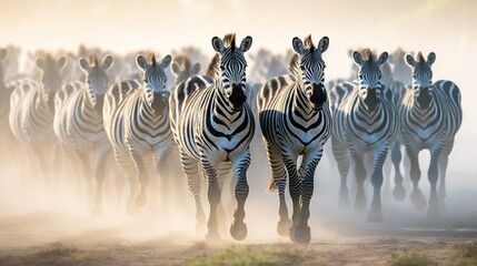 Canvas Print -  a herd of zebras running across a dusty field in the sun.  generative ai