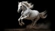  a white horse is galloping through the dust in the dark.  generative ai