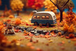 © tilialucida - A toy van is parked in a field of leaves. Generative AI.