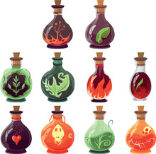 Potion Set With Vintage Or Antique-looking Bottles. Poison Potion Set
