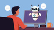 Futuristic concept, man talking with chatbot on computer screen, artificial intelligence robot assistant for online customer support, vector flat illustration