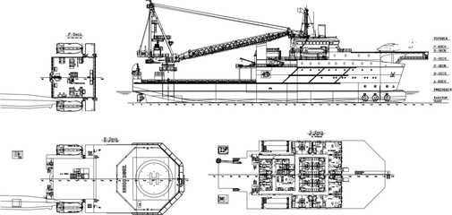 Wall Mural - Vector sketch illustration of a rescue ship at sea with detailed goods interior