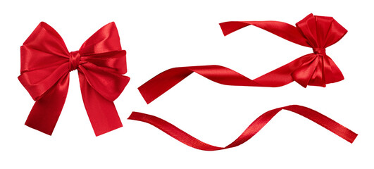 Set of red silk tied bow and wavy red ribbon for gift package decoration. Tied bow and red ribbon isolated on transparent background.