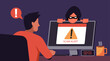 Cybercrime concept, man shocked by criminal, black hood thief hide behind computer monitor with emergency alert of threat by malware, phishing or hacker, vector flat illustration
