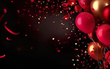 Gold And Red Confetti And Balloon On A Black Background With Copy Space. AI, Generative AI