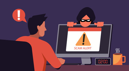 Cybercrime concept, man shocked by criminal, black hood thief hide behind computer monitor with emergency alert of threat by malware, phishing or hacker, vector flat illustration