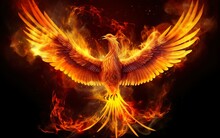 A Bird With Orange And Yellow Wings On A Dark Background With Fire And Smoke Around It. Generative AI