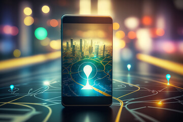 smartphone with gps navigator icon and map on blur traffic road bokeh abstract background. technolog