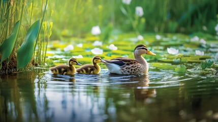 a group of ducks floating on top of a lake next to tall grass. generative ai