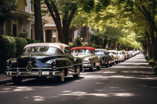 Generative AI Illustration Of Old Fashioned Automobiles Parked In Row Near Green Trees On Sunny Day During Antique Car Show