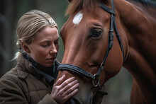 Generative AI Illustration Of Close Up Of Blonde Woman In Jacket Touching Rescued Brown Horse Against Blurred Background