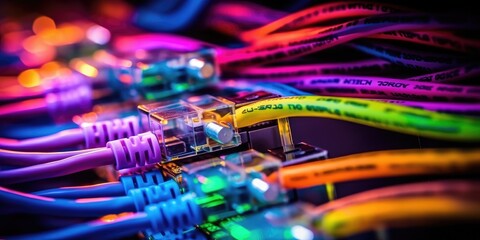 Servers connection with Fiber optic cable internet vivid color. Generative AI