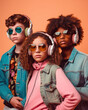 © ADDICTIVE STOCK - Generative AI image of stylish multiethnic teenage friends in trendy clothes and sunglasses listening to music from headphones