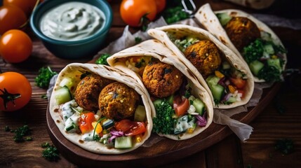 Wall Mural - Falafel with pita breads, with greens, vegetables and sause, wooden background. AI generated