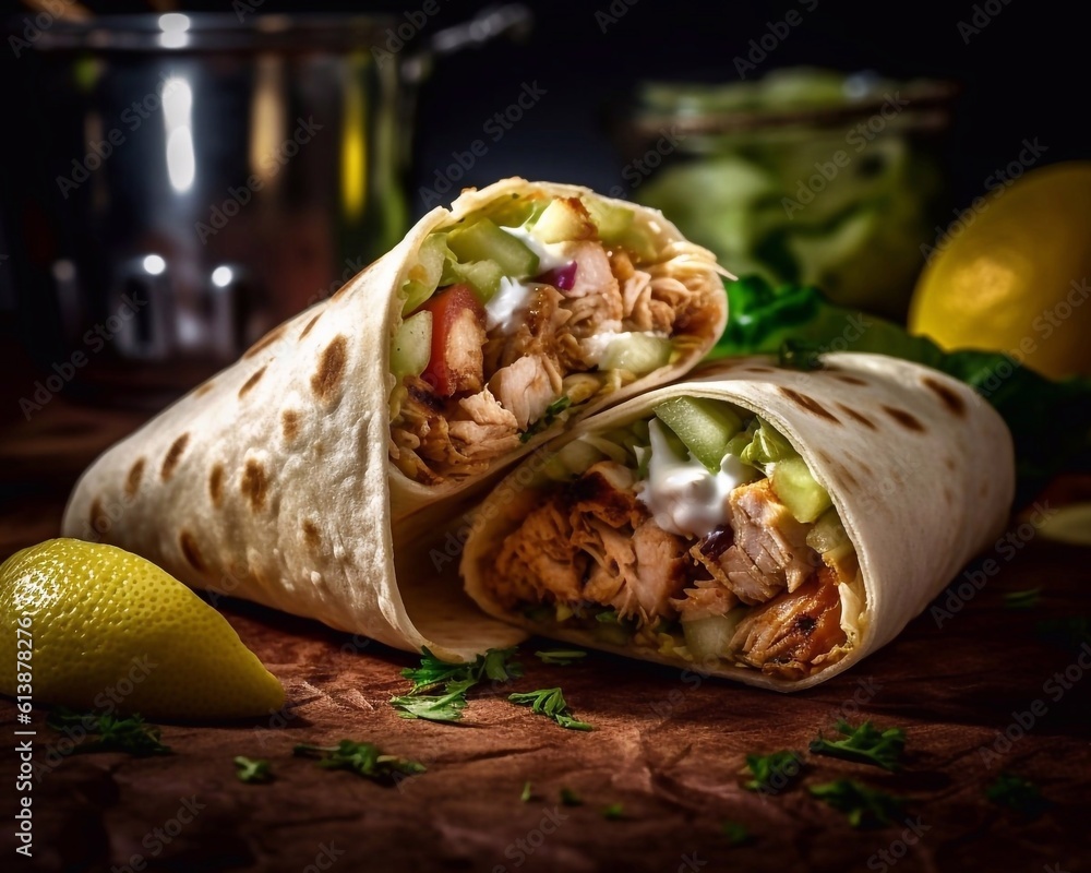 Beef and vegetables  shawerma on dark wooden background. Grilled shawarma - authentic Turkish fast food goodness. Generative AI