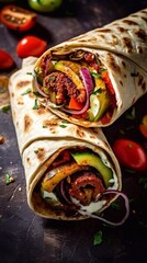 Wall Mural - Beef kebab and vegetables  shawerma on dark wooden background. Grilled shawarma - authentic Turkish fast food goodness. Generative AI