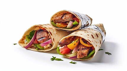 Wall Mural - Beef and vegetables  shawerma on white background. Grilled shawarma - authentic Turkish fast food goodness. Generative AI