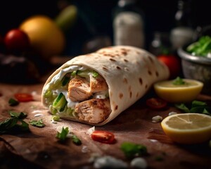 Wall Mural - Chicken and vegetables  shawerma on dark wooden background. Grilled shawarma - authentic Turkish fast food goodness. Generative AI