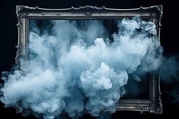 Wall Mural - Generative AI, Blue flowing smoke around empty vintage beautiful frame. Copy space, frame mock up blank