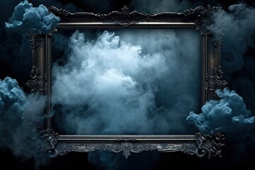 Wall Mural - Generative AI, Blue flowing smoke around empty vintage beautiful frame. Copy space, frame mock up blank