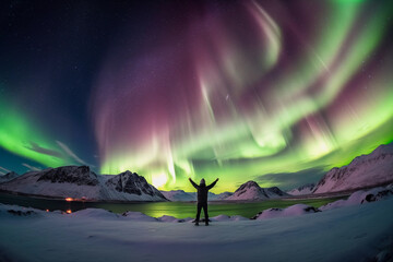 person standing in a snowy landscape with the northern lights in the sky and a lake in front of him.