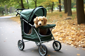 Walking with a dog in a stroller. Little puppy rides in a stroller. Generative ai